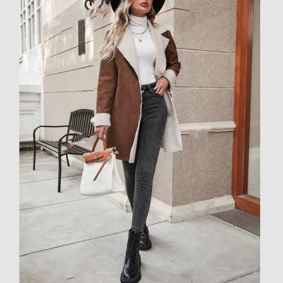 Cozy Camel Tan Sherpa Lined Vegan Suede Jacket Coat - Picture 4 of 6